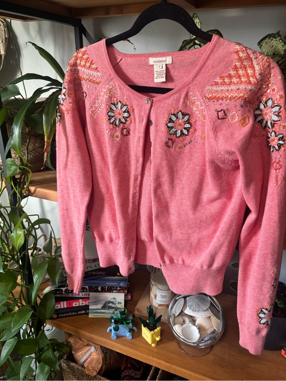 Sundance Coral Pink Floral Beaded Cardigan | Small - Picture 2 of 6